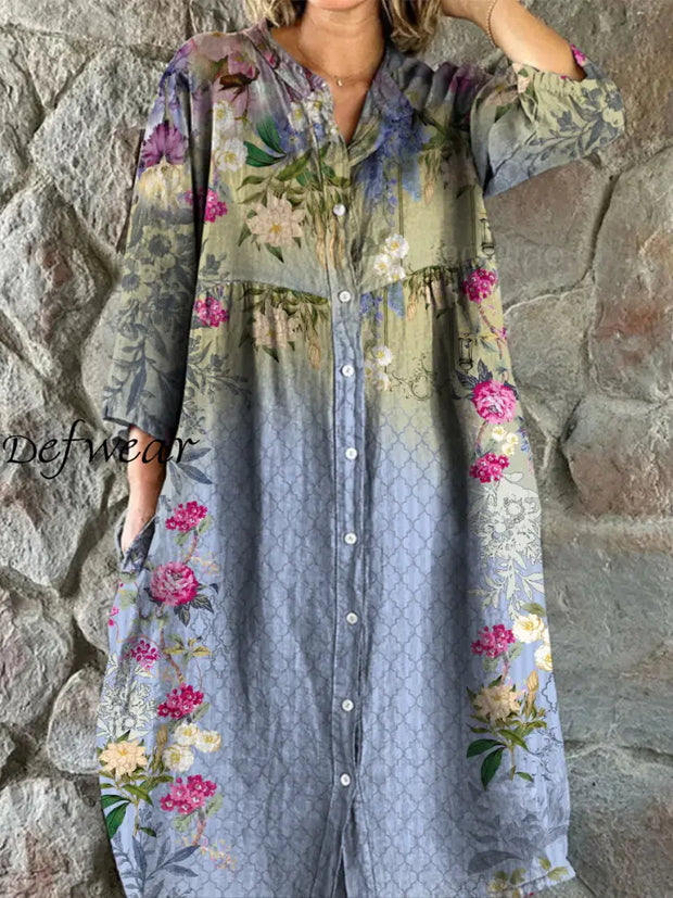 Retro Floral Art Print Vintage Chic V-Neck Button Up Long Sleeve Midi Dress A / S