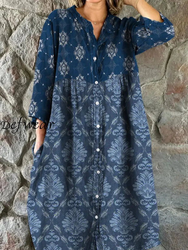 Retro Floral Art Print Vintage Chic V-Neck Button Up Long Sleeve Midi Dress A / S