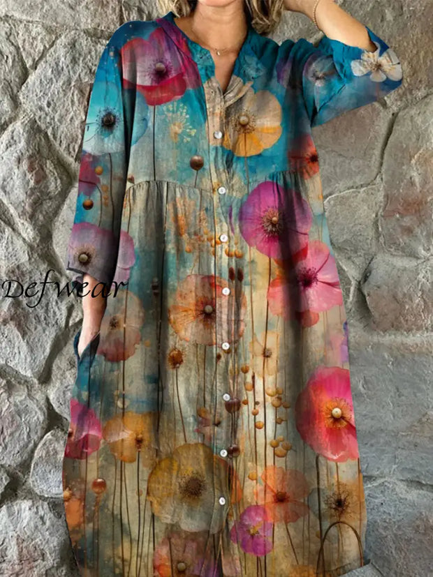 Retro Floral Art Print Vintage Chic V-Neck Button Up Long Sleeve Midi Dress A / S