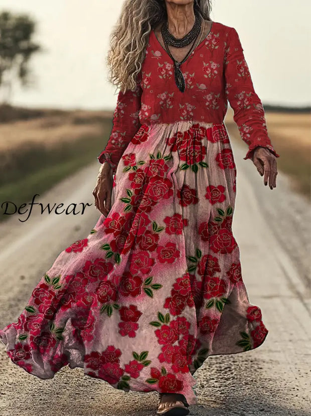 Retro Floral Art Print Vintage Chic V-Neck Button Up Long Sleeve Midi Dress A / S