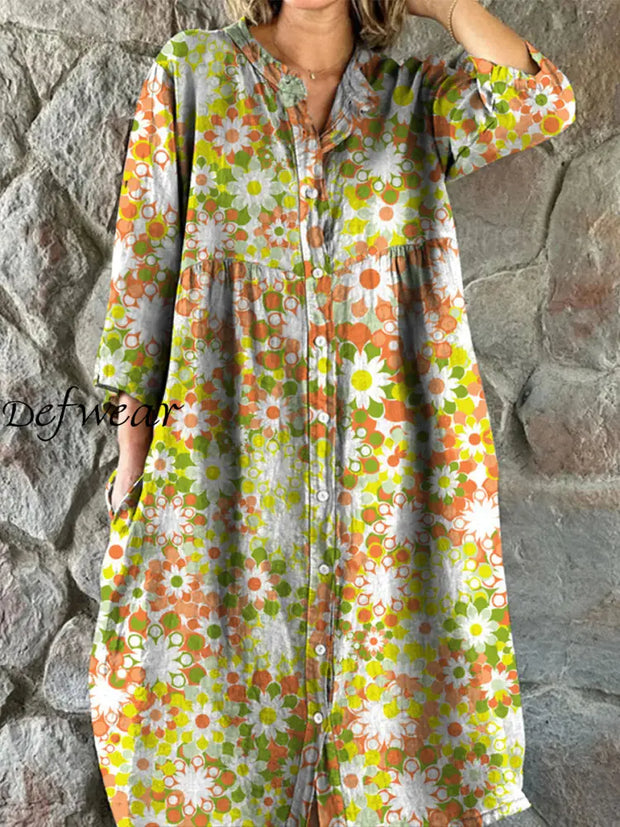 Retro Floral Art Print Vintage Chic V-Neck Button Up Long Sleeve Midi Dress A / S