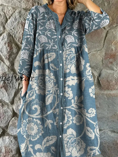 Retro Floral Art Print Vintage Chic V-Neck Button Up Long Sleeve Midi Dress A / S