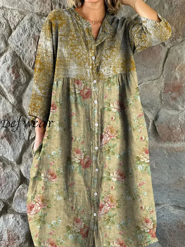 Retro Floral Art Print Vintage Chic V-Neck Button Up Long Sleeve Midi Dress A / S