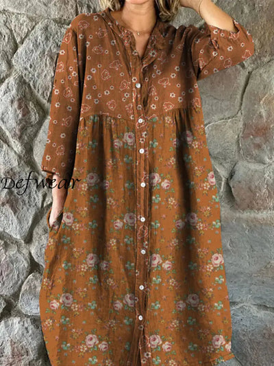 Retro Floral Art Print Vintage Chic V-Neck Button Up Long Sleeve Midi Dress A / S