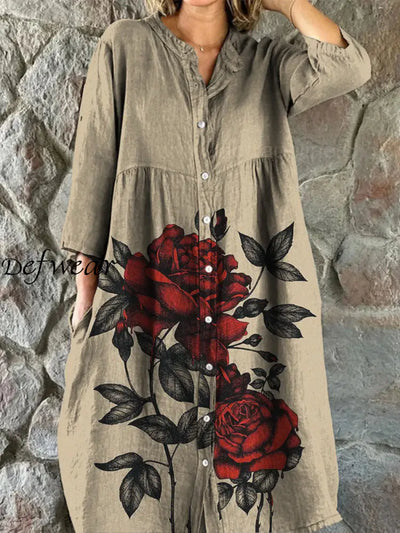 Retro Floral Art Print Vintage Chic V-Neck Button Up Long Sleeve Midi Dress A / S