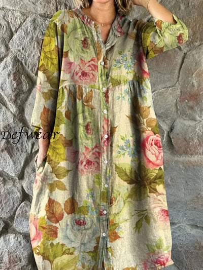 Retro Floral Art Print Vintage Chic V-Neck Button Up Long Sleeve Midi Dress A / S