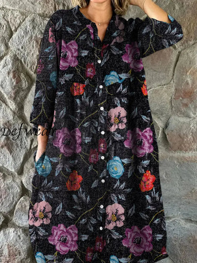 Retro Floral Art Print Vintage Chic V-Neck Button Up Long Sleeve Midi Dress A / S