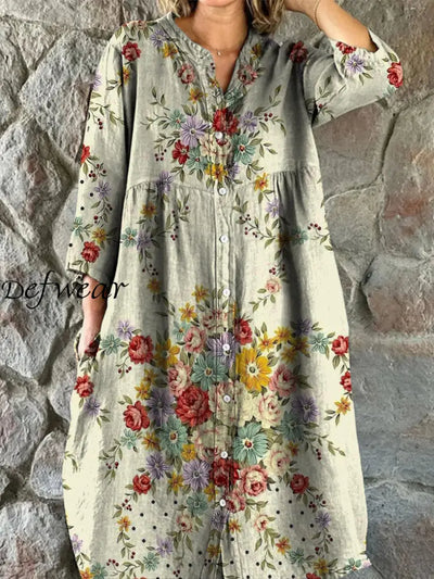 Retro Floral Art Print Vintage Chic V-Neck Button Up Long Sleeve Midi Dress A / S