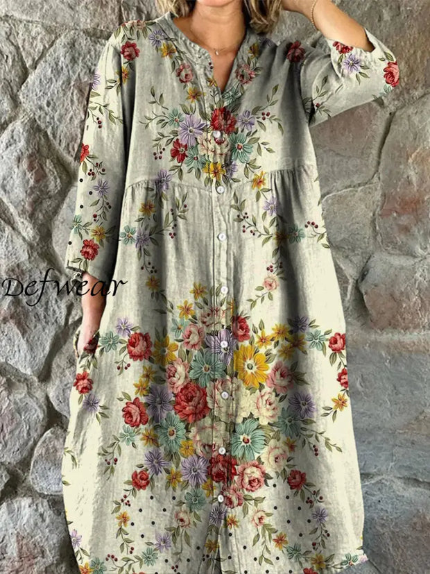 Retro Floral Art Print Vintage Chic V-Neck Button Up Long Sleeve Midi Dress A / S