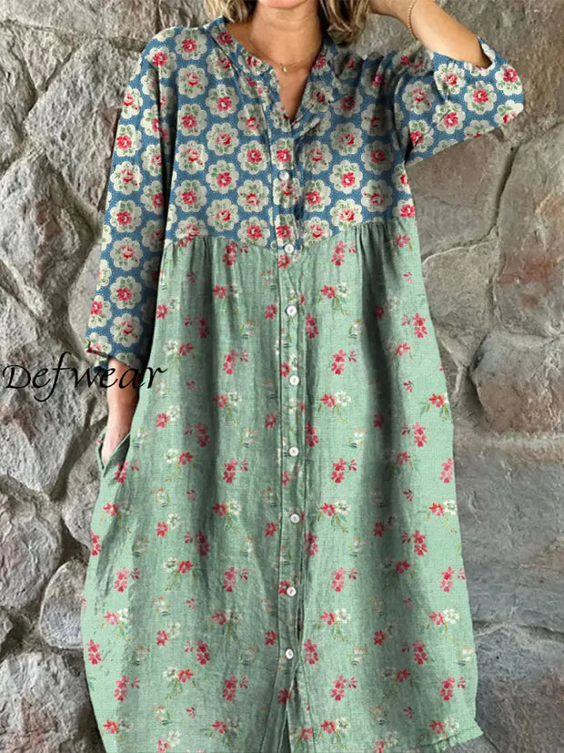 Retro Floral Art Print Vintage Chic V-Neck Button Up Long Sleeve Midi Dress A / S