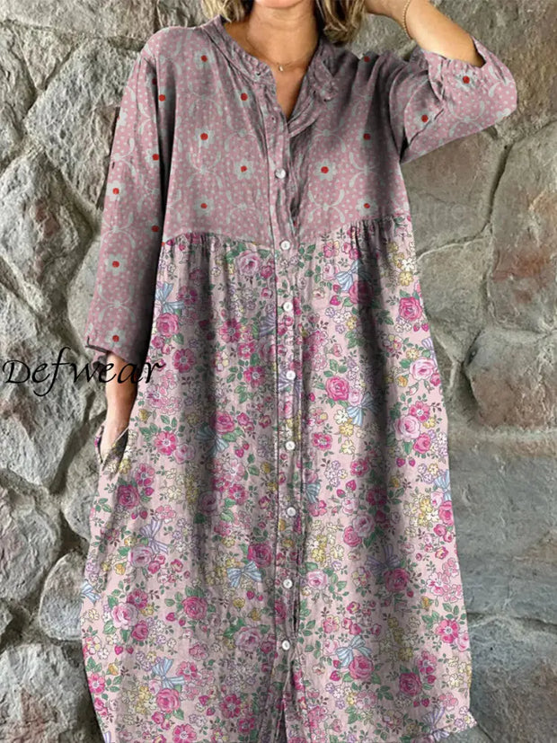 Retro Floral Art Print Vintage Chic V-Neck Button Up Long Sleeve Midi Dress A / S