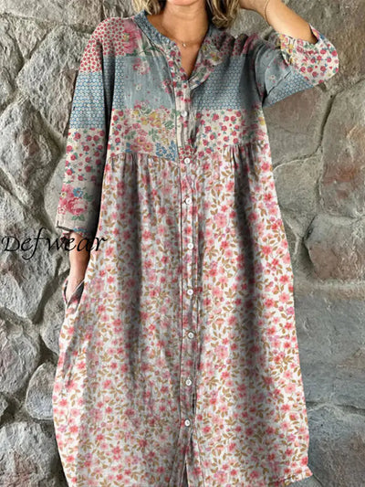 Retro Floral Art Print Vintage Chic V-Neck Button Up Long Sleeve Midi Dress A / S