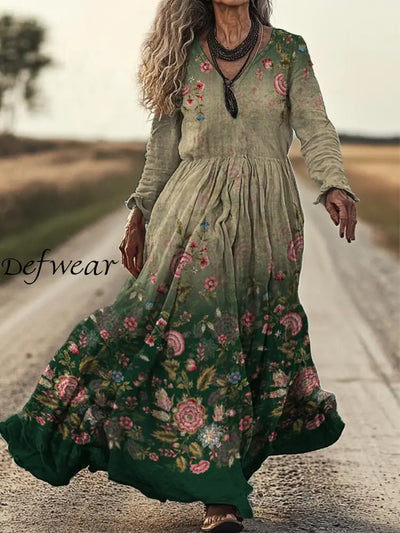 Retro Floral Art Print Vintage Chic V-Neck Button Up Long Sleeve Midi Dress A / S