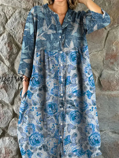 Retro Floral Art Print Vintage Chic V-Neck Button Up Long Sleeve Midi Dress A / S