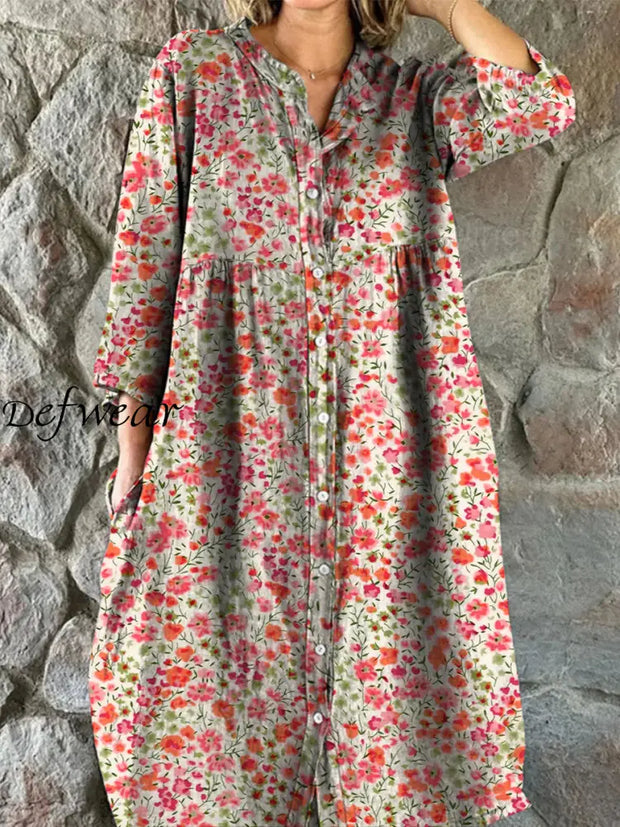 Retro Floral Art Print Vintage Chic V-Neck Button Up Long Sleeve Midi Dress A / S