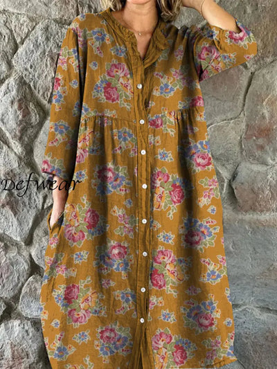 Retro Floral Art Print Vintage Chic V-Neck Button Up Long Sleeve Midi Dress A / S