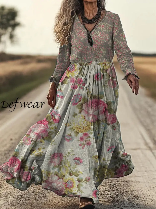 Retro Floral Art Print Vintage Chic V-Neck Button Up Long Sleeve Midi Dress A / S