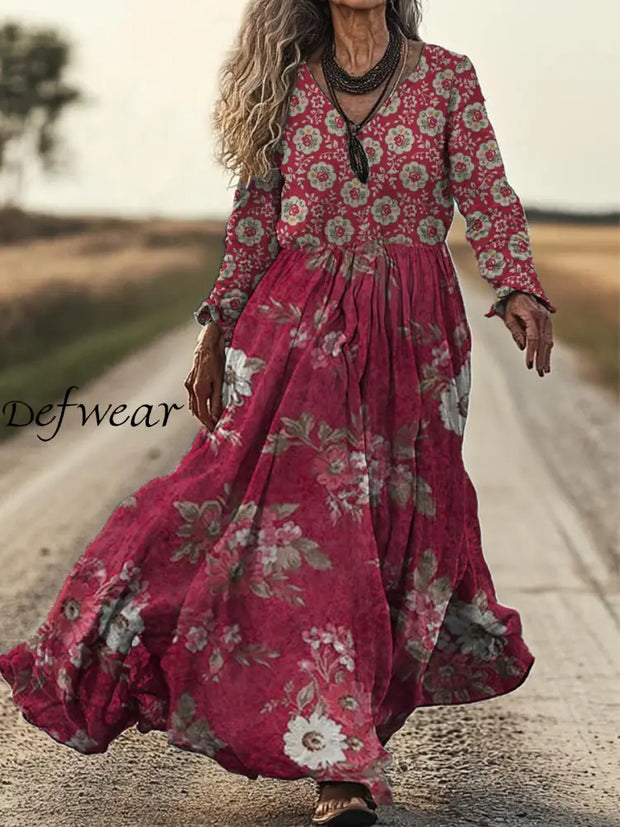 Retro Floral Art Print Vintage Chic V-Neck Button Up Long Sleeve Midi Dress A / S