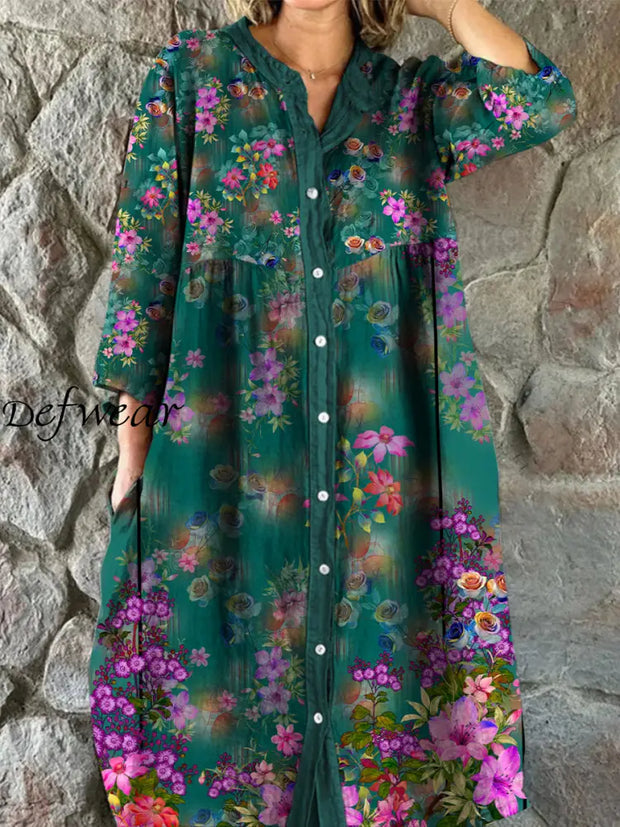 Retro Floral Art Print Vintage Chic V-Neck Button Up Long Sleeve Midi Dress A / S