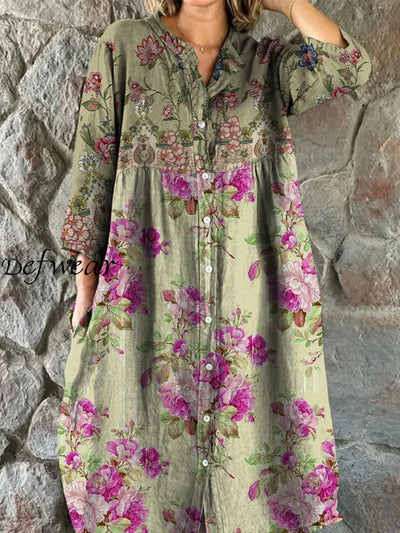 Retro Floral Art Print Vintage Chic V-Neck Button Up Long Sleeve Midi Dress A / S