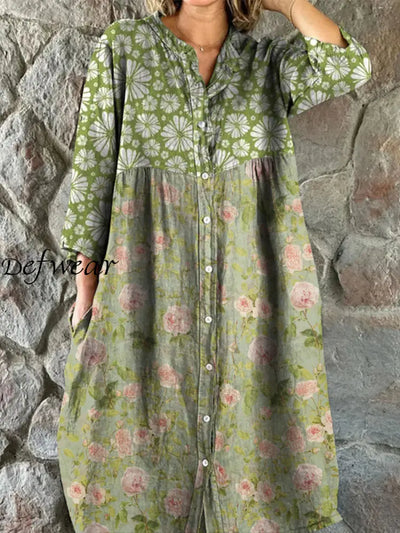 Retro Floral Art Print Vintage Chic V-Neck Button Up Long Sleeve Midi Dress A / S