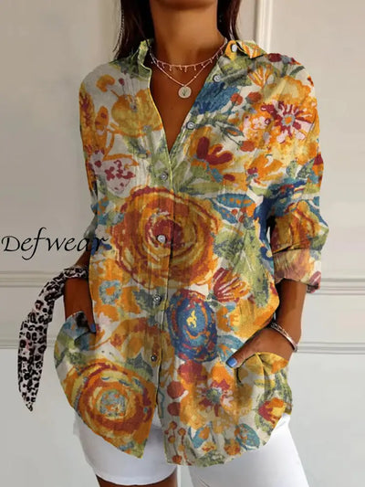 Retro Floral Art Print Vintage Chic V-Neck Button Up Long Sleeve Shirt A / S