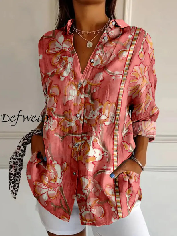 Retro Floral Art Print Vintage Chic V-Neck Button Up Long Sleeve Shirt A / S