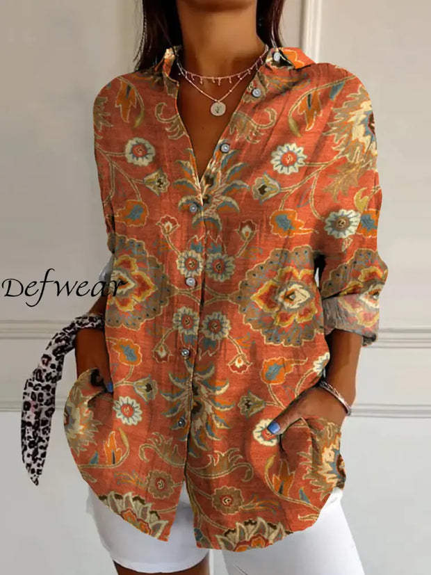 Retro Floral Art Print Vintage Chic V-Neck Button Up Long Sleeve Shirt A / S