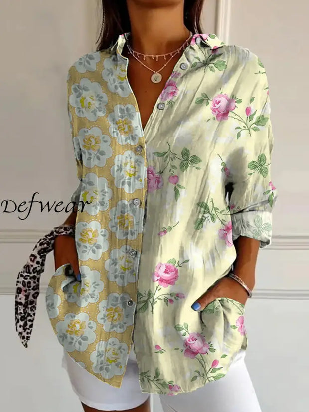 Retro Floral Art Print Vintage Chic V-Neck Button Up Long Sleeve Shirt A / S