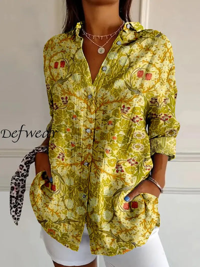 Retro Floral Art Print Vintage Chic V-Neck Button Up Long Sleeve Shirt A / S