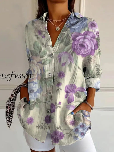 Retro Floral Art Print Vintage Chic V-Neck Button Up Long Sleeve Shirt A / S