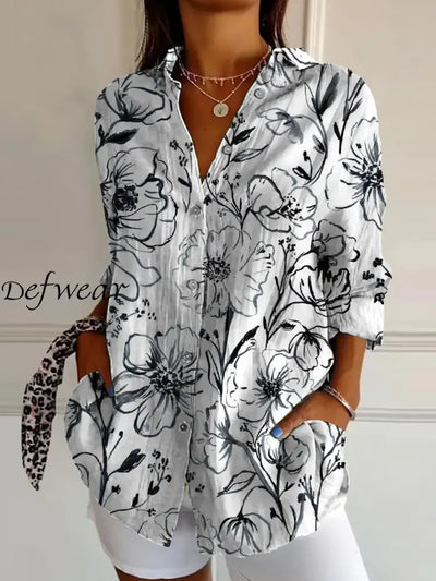 Retro Floral Art Print Vintage Chic V-Neck Button Up Long Sleeve Shirt A / S