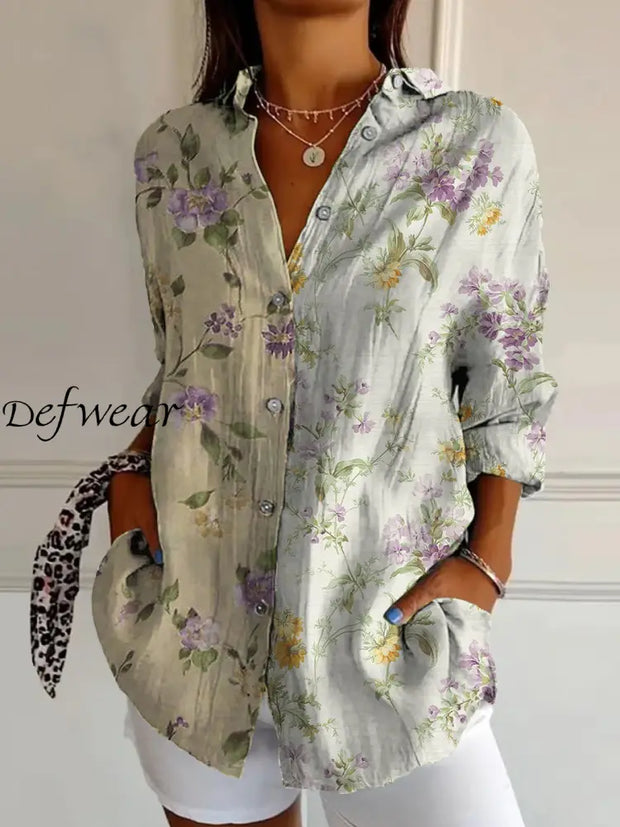 Retro Floral Art Print Vintage Chic V-Neck Button Up Long Sleeve Shirt A / S