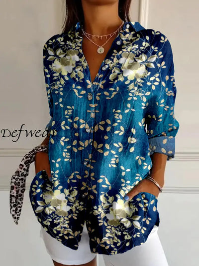 Retro Floral Art Print Vintage Chic V-Neck Button Up Long Sleeve Shirt A / S