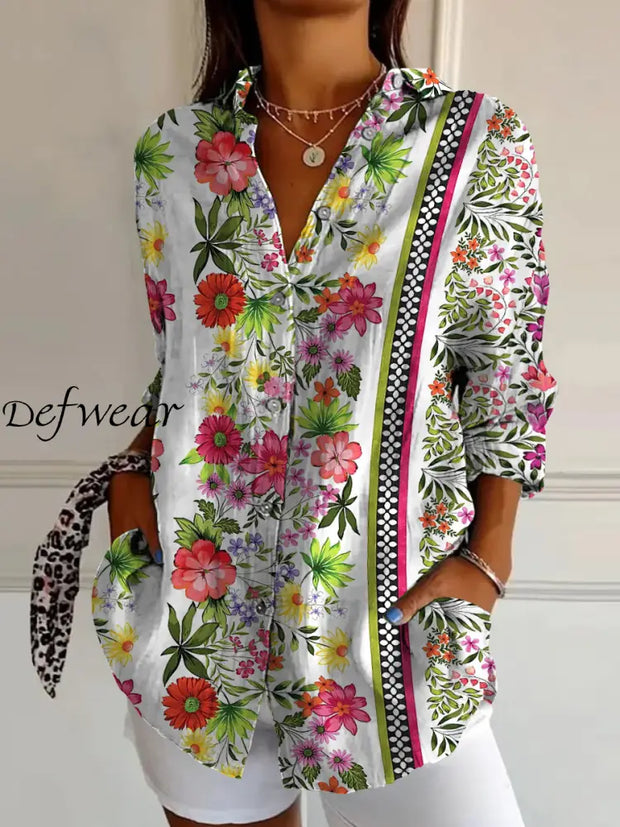 Retro Floral Art Print Vintage Chic V-Neck Button Up Long Sleeve Shirt A / S