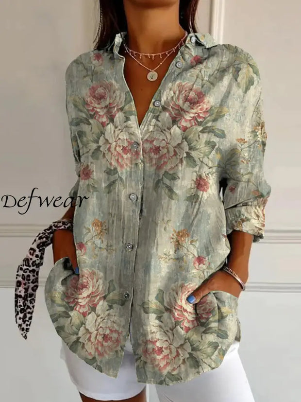 Retro Floral Art Print Vintage Chic V-Neck Button Up Long Sleeve Shirt A / S