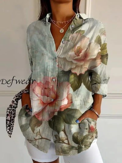 Retro Floral Art Print Vintage Chic V-Neck Button Up Long Sleeve Shirt A / S