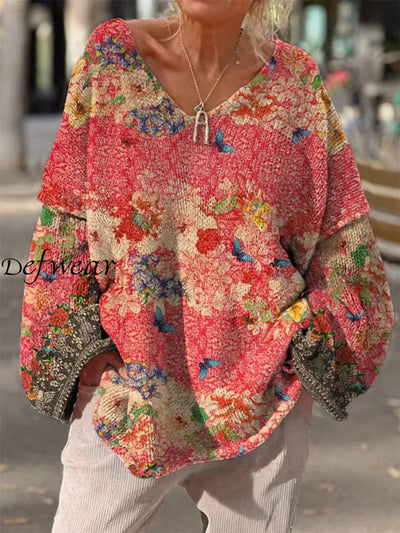 Retro Floral Art Print Vintage Loose Chic V-Neck Long Sleeve Thick Knit Sweater A / S