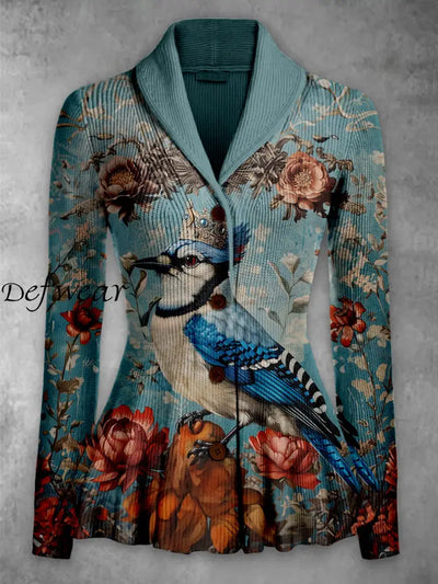 Retro Floral Art Printed Elegant Lapel V-Neck Button Up Thick Knit Long-Sleeved Cardigan Top A / S