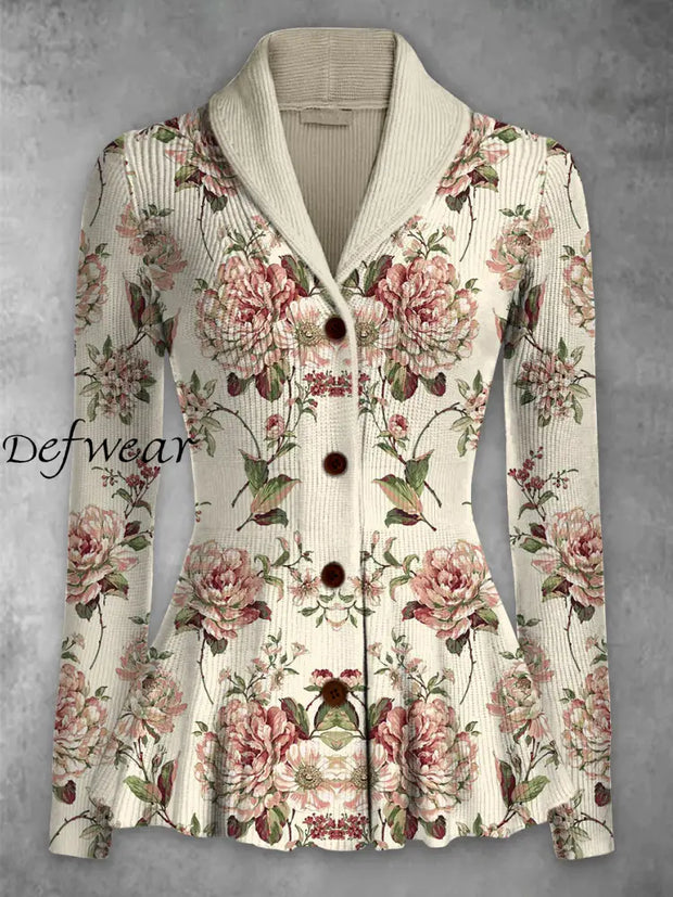 Retro Floral Art Printed Elegant Lapel V-Neck Button Up Thick Knit Long-Sleeved Cardigan Top A / S