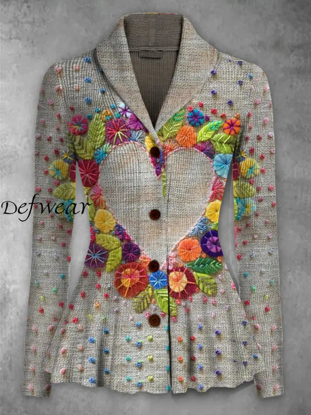 Retro Floral Art Printed Elegant Lapel V-Neck Button Up Thick Knit Long-Sleeved Cardigan Top A / S