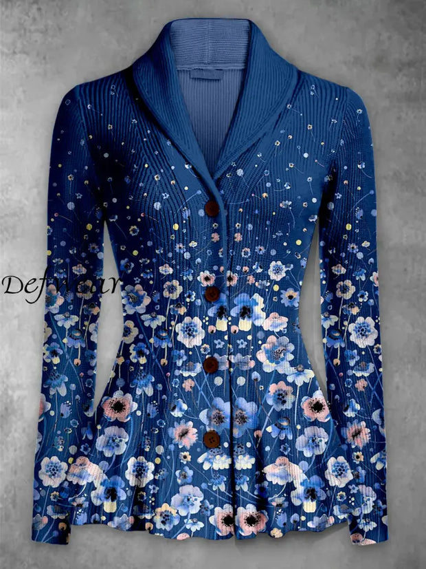 Retro Floral Art Printed Elegant Lapel V-Neck Button Up Thick Knit Long-Sleeved Cardigan Top A / S