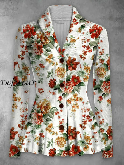 Retro Floral Art Printed Elegant Lapel V-Neck Button Up Thick Knit Long-Sleeved Cardigan Top A / S