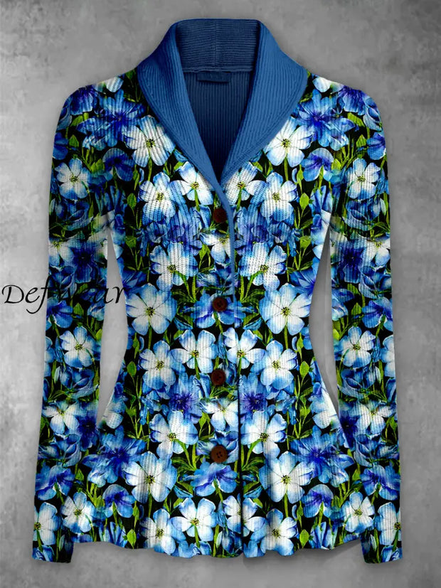 Retro Floral Art Printed Elegant Lapel V-Neck Button Up Thick Knit Long-Sleeved Cardigan Top A / S