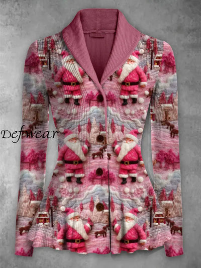 Retro Floral Art Printed Elegant Lapel V-Neck Button Up Thick Knit Long-Sleeved Cardigan Top A / S