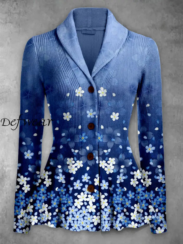 Retro Floral Art Printed Elegant Lapel V-Neck Button Up Thick Knit Long-Sleeved Cardigan Top A / S