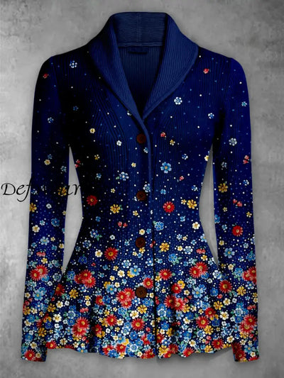 Retro Floral Art Printed Elegant Lapel V-Neck Button Up Thick Knit Long-Sleeved Cardigan Top A / S