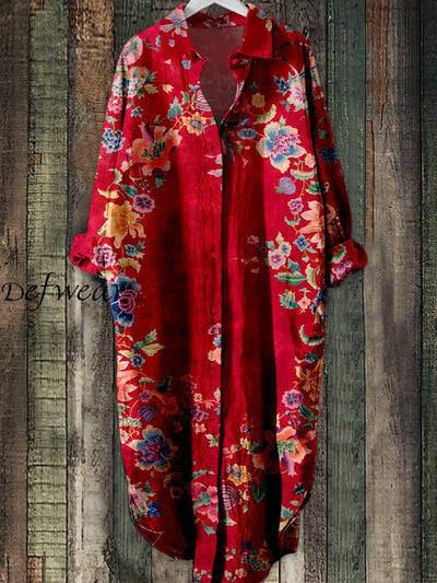 Retro Floral Art Printed Elegant Vintage Lapel Loose Long Sleeve Midi Shirt Dress A / S