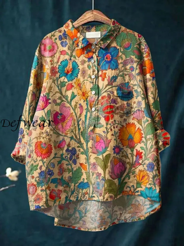 Retro Floral Art Printed Round Neck Button Pocket Linen Mid Long Sleeve Shirt A / S