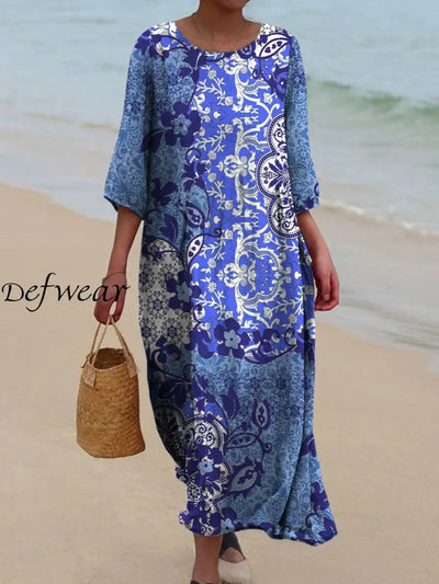 Retro Floral Art Printed Round Neck Vintage Loose Long Sleeves Midi Dress A / S